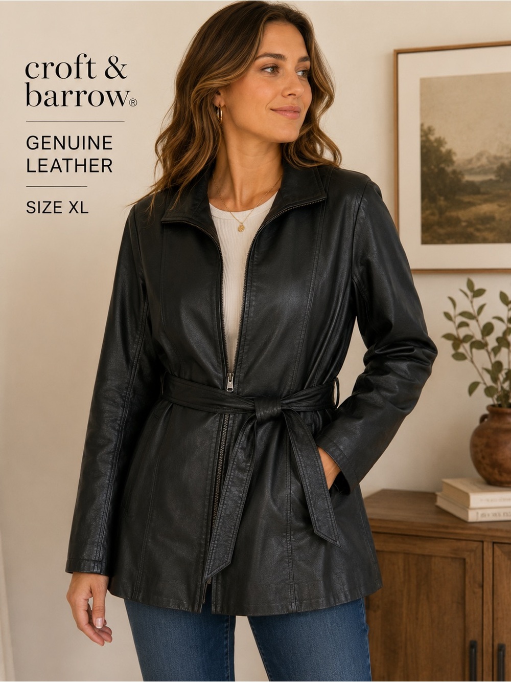 Croft & Barrow XL Genuine Leather Jacket Black Belted Zip Front Coat